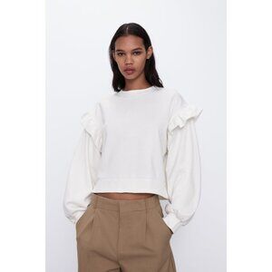 Zara White Ruffle Sweatshirt Size Medium